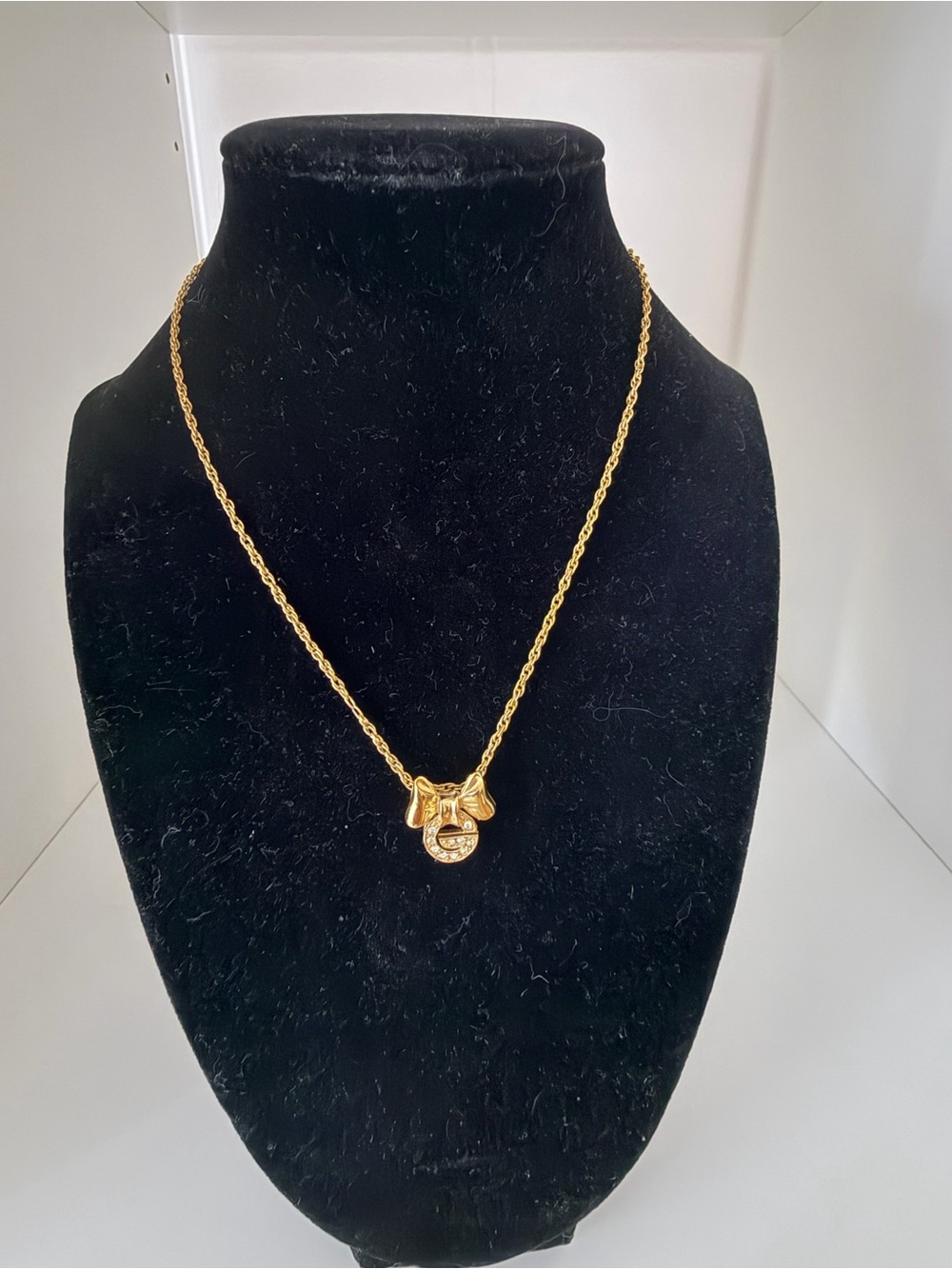 Vintage Givenchy Crystal G Bow Pendant Gold Tone Necklace